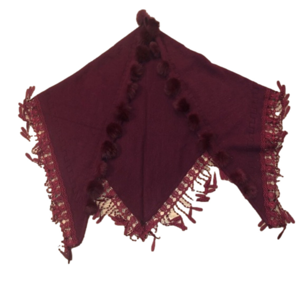 𝅺wool & Real Fur Lace Raised Floral Print Shawl Dark Red Burgandy OS